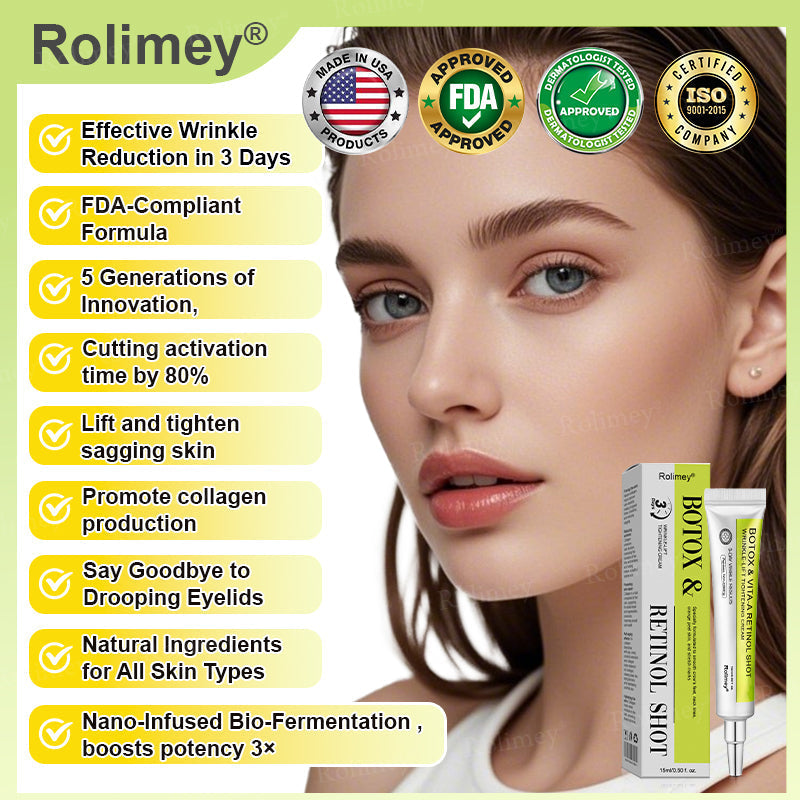 Произведено и изпратено от САЩ ✅ Rolimey® Botox & Vita-A Retinol Shot Крем против бръчки и за стягане на кожата – Последен ден на промоцията: 70% ОТСТЪПКА!